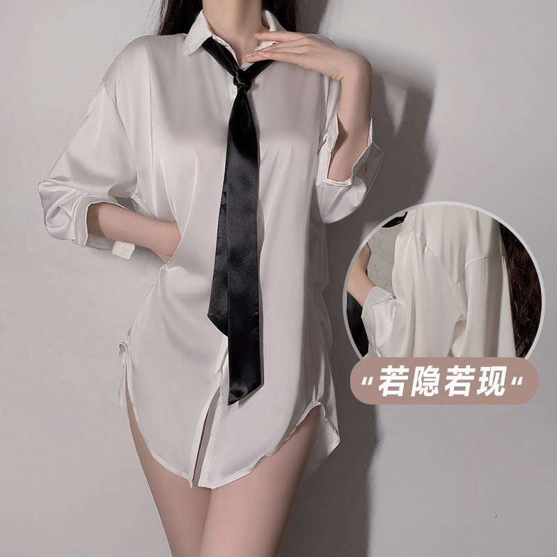 纯欲性感男友风深V宽松舒适纯色衬衫家居服
