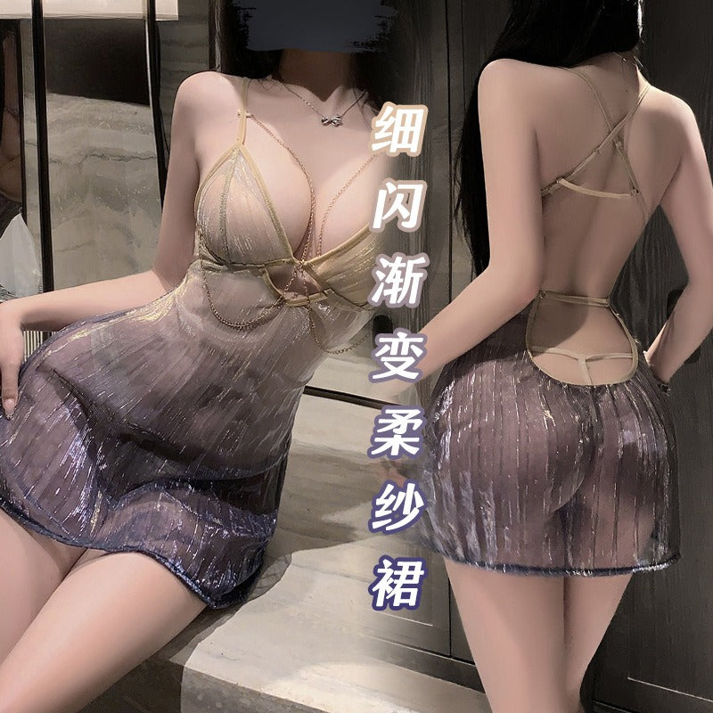 璀璨银河 流萤扇纹细闪渐变网纱夜店包臀睡裙.