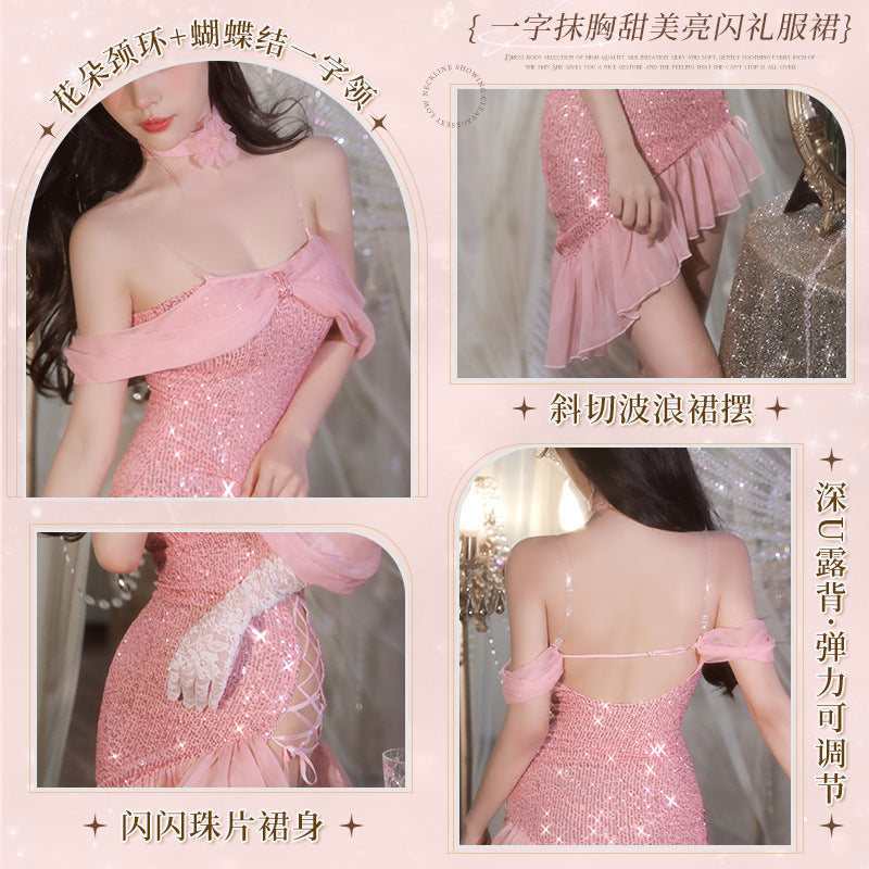 一字抹胸甜美亮闪礼服裙