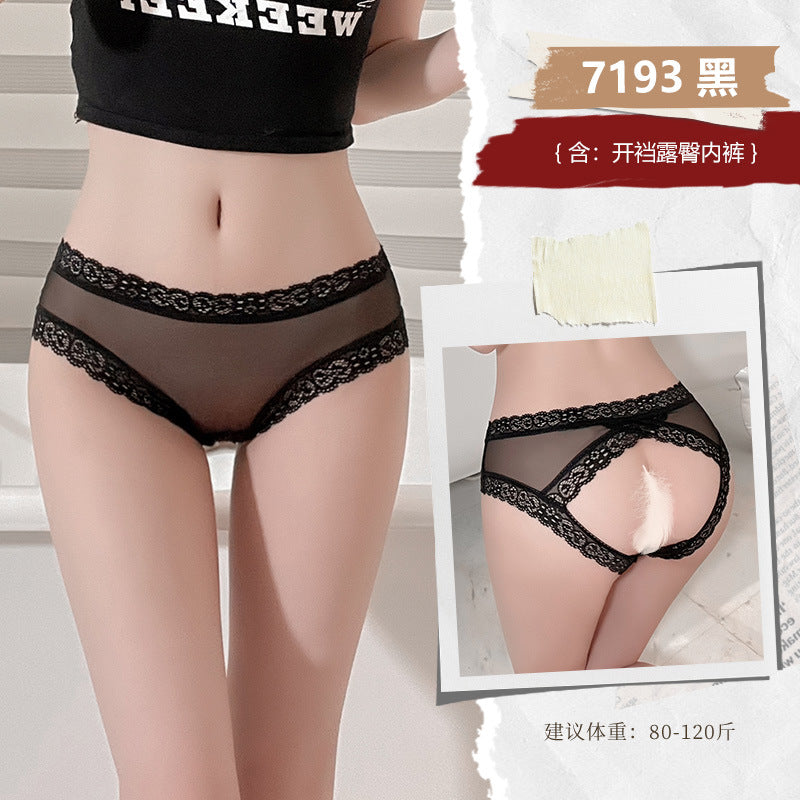 蕾丝透纱露臀开裆内裤.