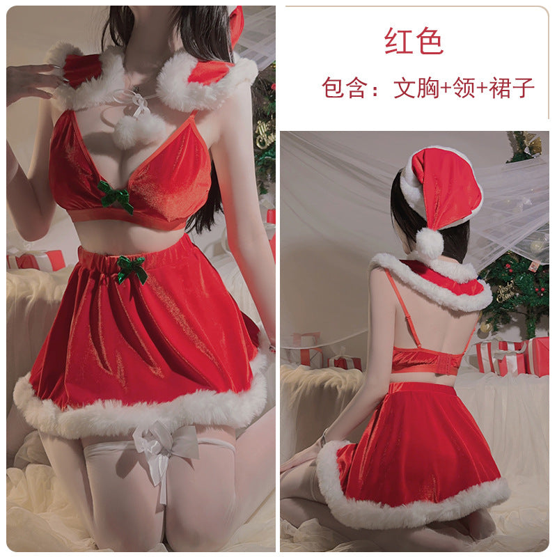 微醺小甜心 三点文胸甜美毛绒披肩短裙圣诞套装
