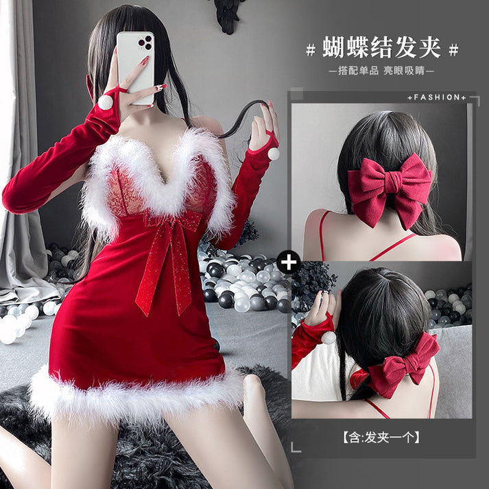 新年礼物 性感毛绒吊带睡裙短裙制服套装