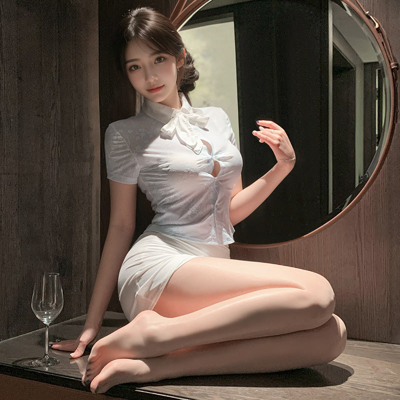 韩风空姐 时尚透肤俏秘书套装性感包臀超短裙制服
