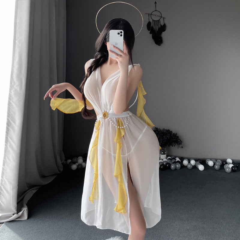 扶柳仙子 性感透视深V串珠分片美背摆飘逸仙子长裙COS制服
