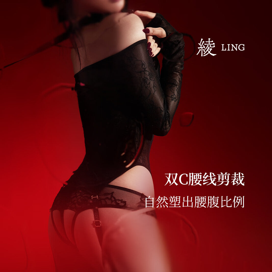 「绫」新品「暗香」性感一字肩深v诱惑网纱蕾丝显瘦连体衣女.