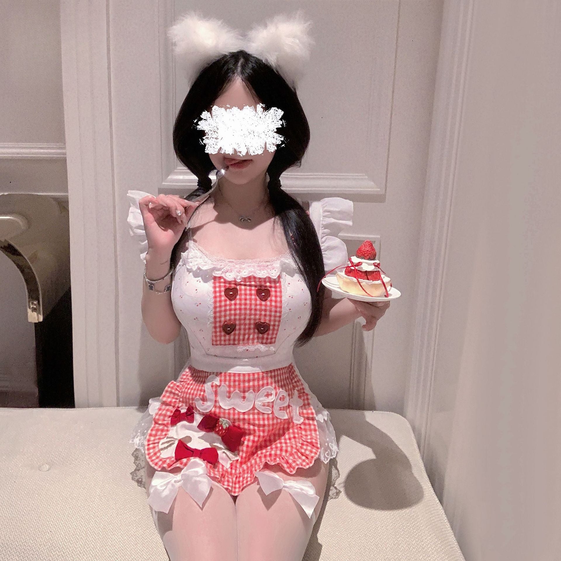 樱桃女佣 纯欲甜心小女仆甜美蕾丝格纹COS制服.