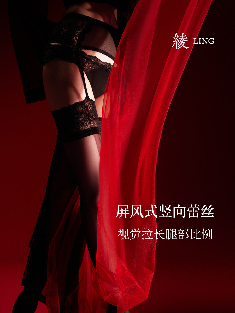 「绫」新品「花映」3D云缎™柔软透肤蕾丝性感丝滑长筒吊带袜丝.