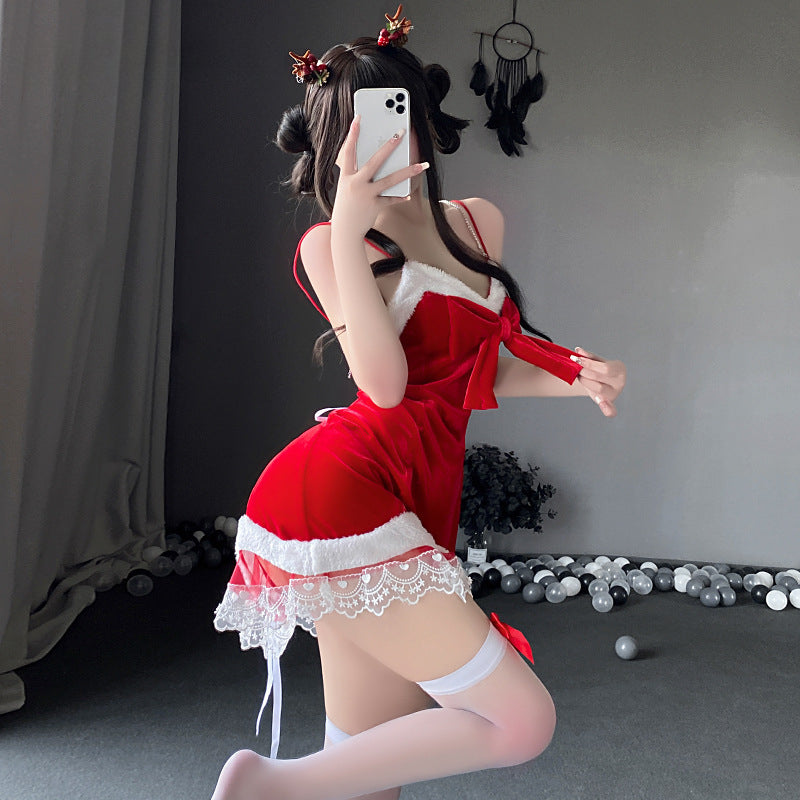 娇俏精灵 蕾丝花边吊带睡裙短裙新年制服套装