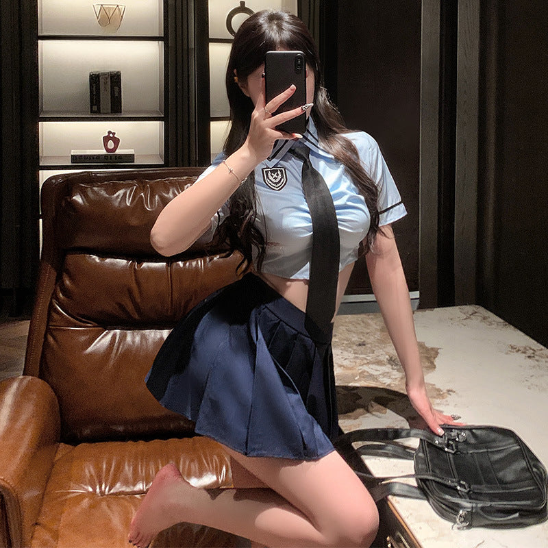 元气学姐 元气短衫露腰百褶学院套装性感纯欲制服诱惑
