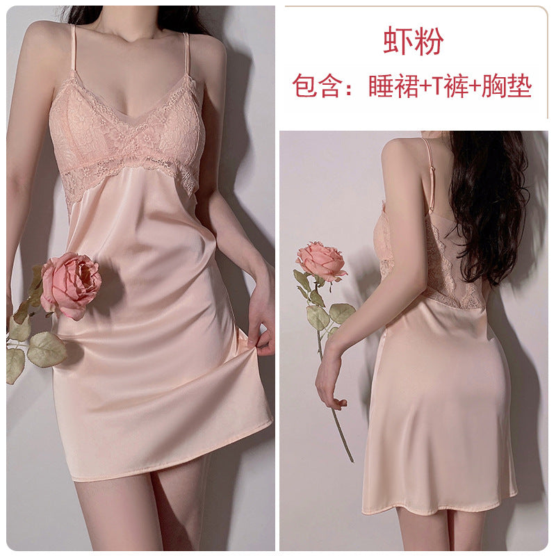 春秋女人味 深V绸缎加胸垫性感吊带睡裙