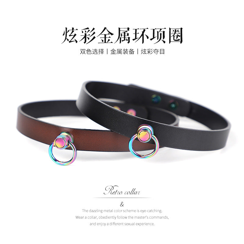 高端BDSM真皮幻彩项圈锁骨链