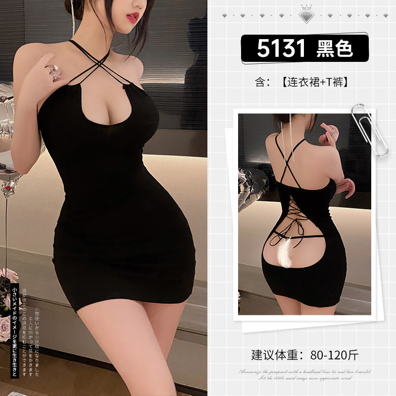 捆绑游戏 交叉挂脖露背针织连衣裙套装