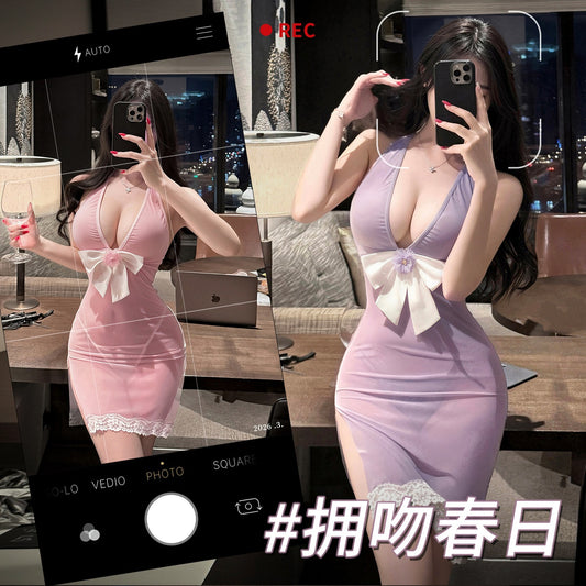 春日邀约 甜欲蝴蝶网纱深v露沟挂脖连衣裙睡裙.