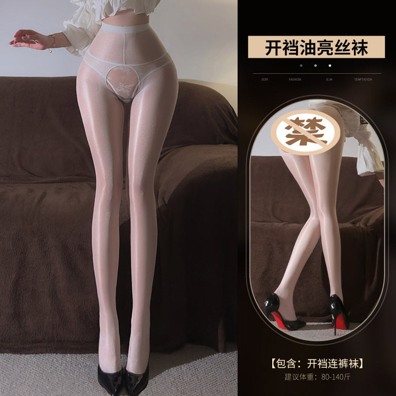 性感高腰油亮开档连裤袜.