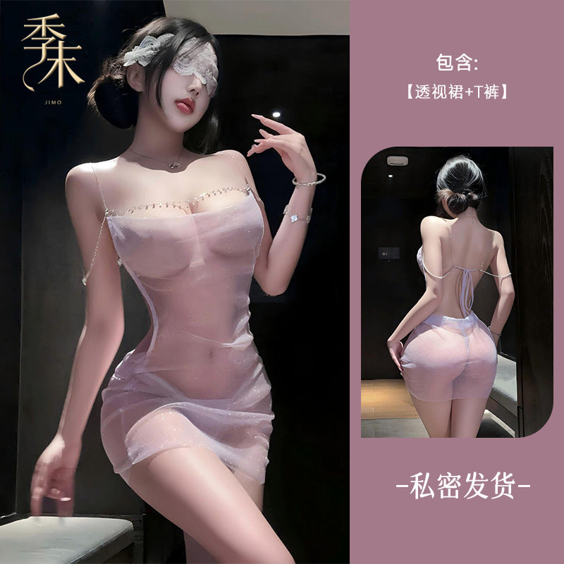 一字肩荡领情趣内衣透视胸链细闪包臀裙.