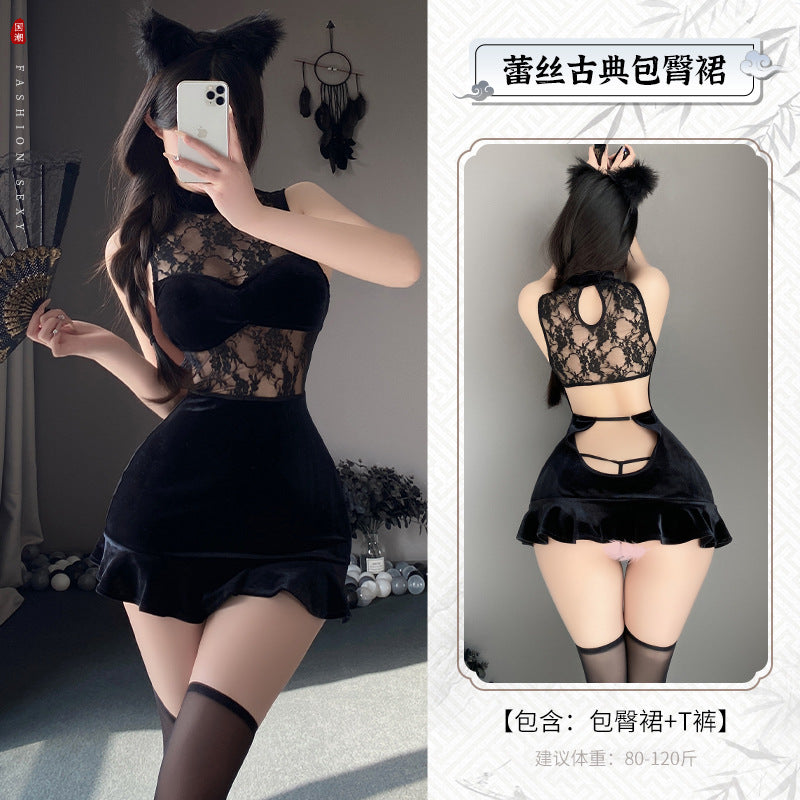 古典美人 性感抹胸透视露背镂空古典蕾丝包臀鱼尾短裙