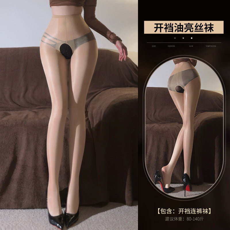 性感高腰油亮开档连裤袜.