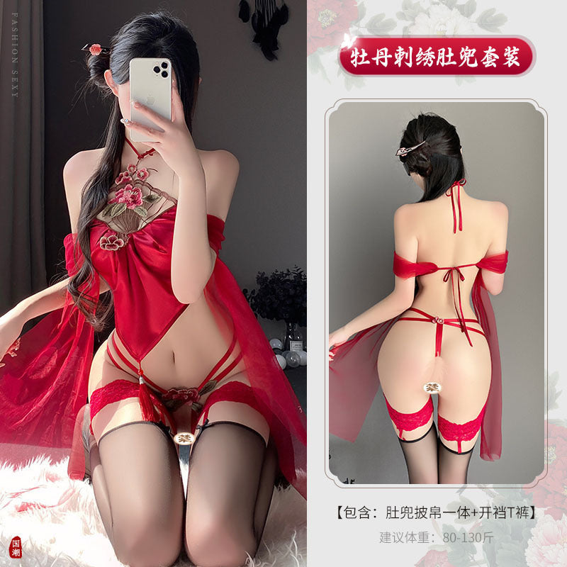 牡丹仙子 性感古风牡丹刺绣挂脖肚兜系带镂空制服.