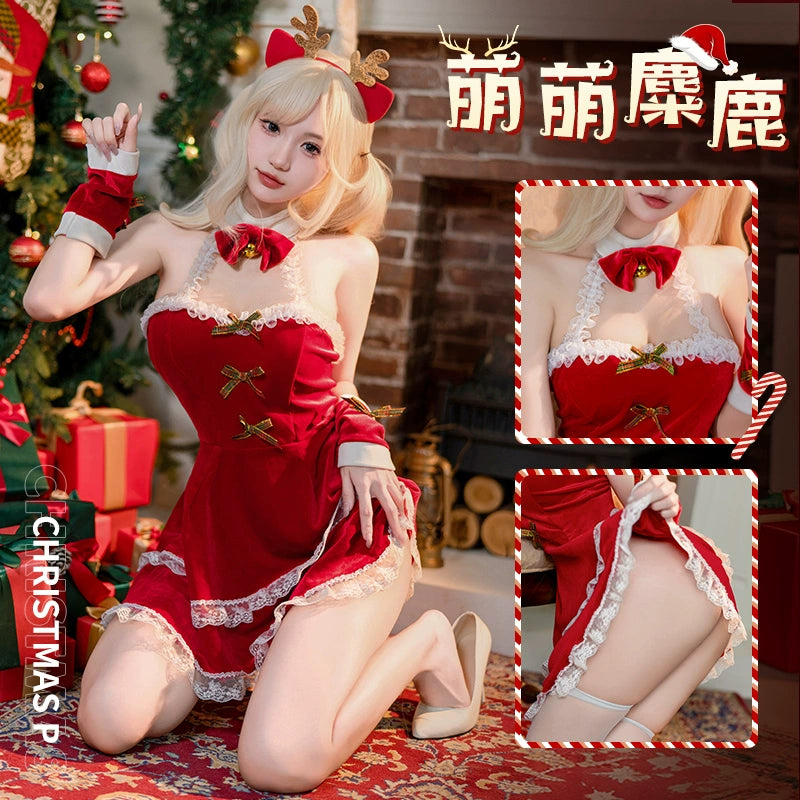 萌萌麋鹿 圣诞气氛挂脖纯欲露背蕾丝边连衣裙套装
