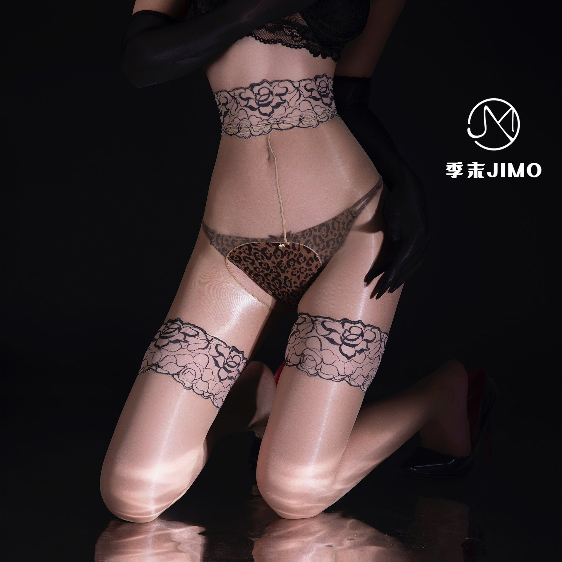 「山茶」3D极光油亮撞色蕾丝高腰开档连裤袜.