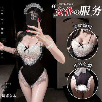 甜心女仆 蕾丝吊带透胸蝴蝶结透纱连体衣.