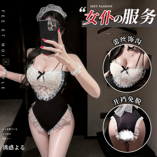 甜心女仆 蕾丝吊带透胸蝴蝶结透纱连体衣.