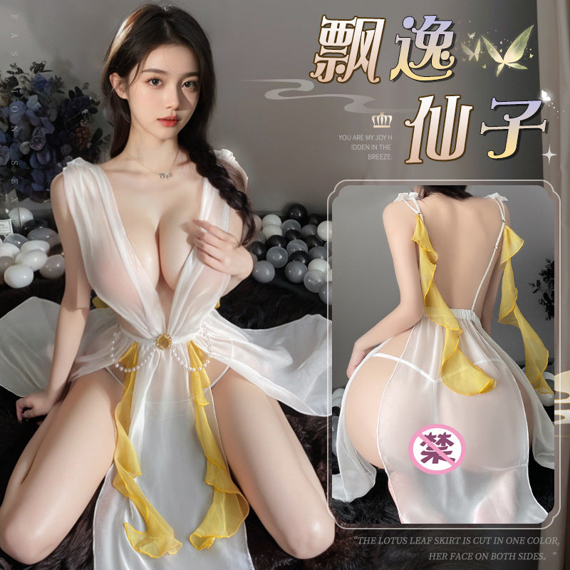 扶柳仙子 性感透视深V串珠分片美背摆飘逸仙子长裙COS制服