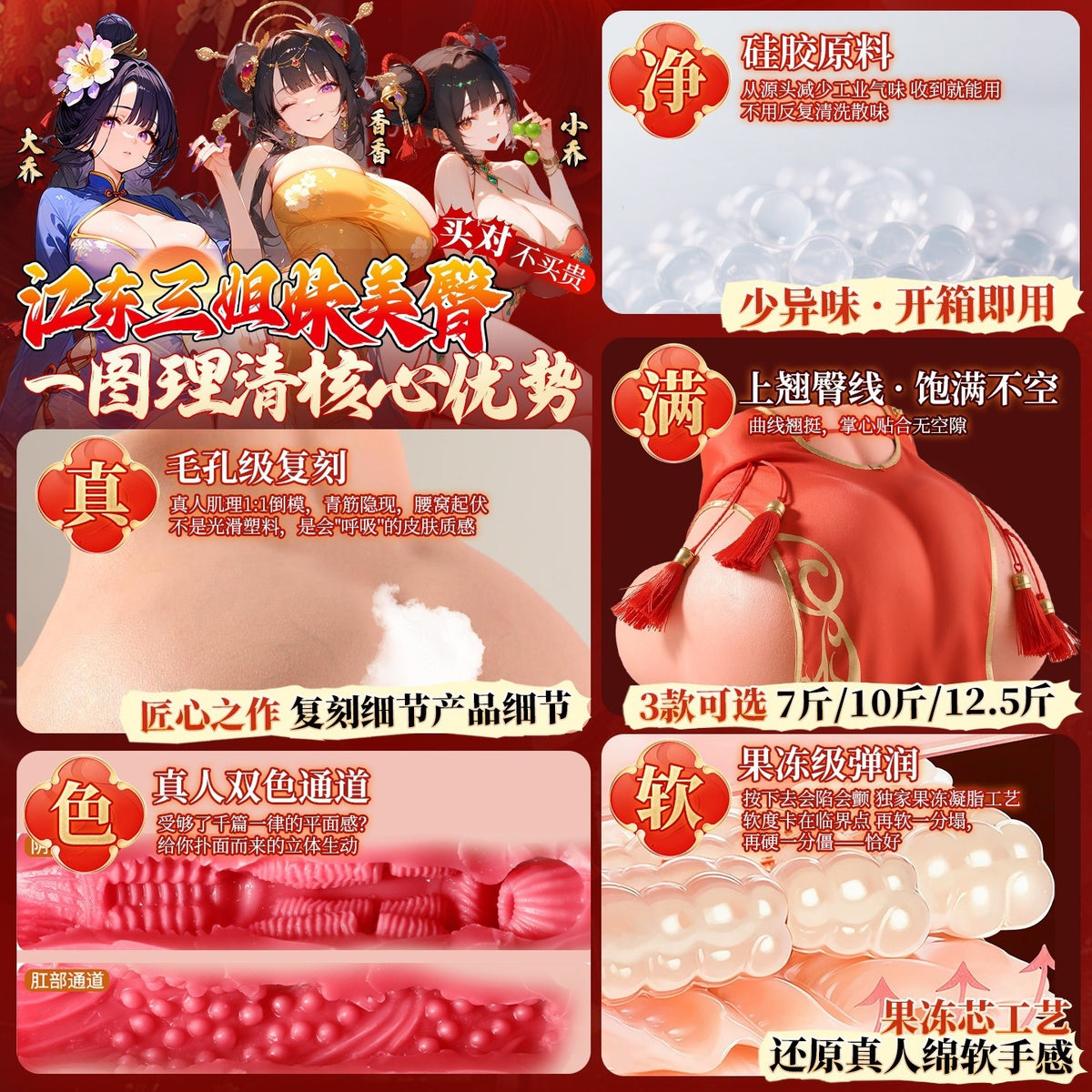 谜姬江东三姐妹硅胶果冻硅胶美臀倒模飞机杯.