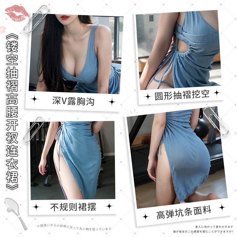 健美女神 镂空抽褶高腰开衩连衣裙