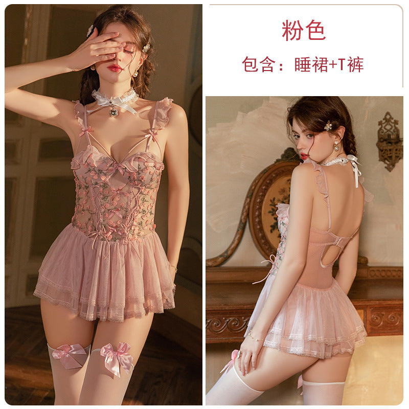 芭蕾练习生 低胸木耳花边加胸垫刺绣蕾丝网纱女睡裙.