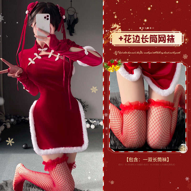 新年盘扣古典中袖旗袍开叉包臀制服套装