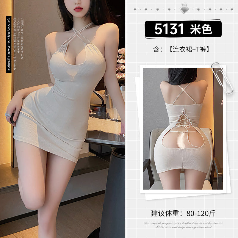 捆绑游戏 交叉挂脖露背针织连衣裙套装