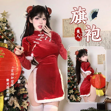 圣诞盘扣古典中袖旗袍开叉包臀制服套装