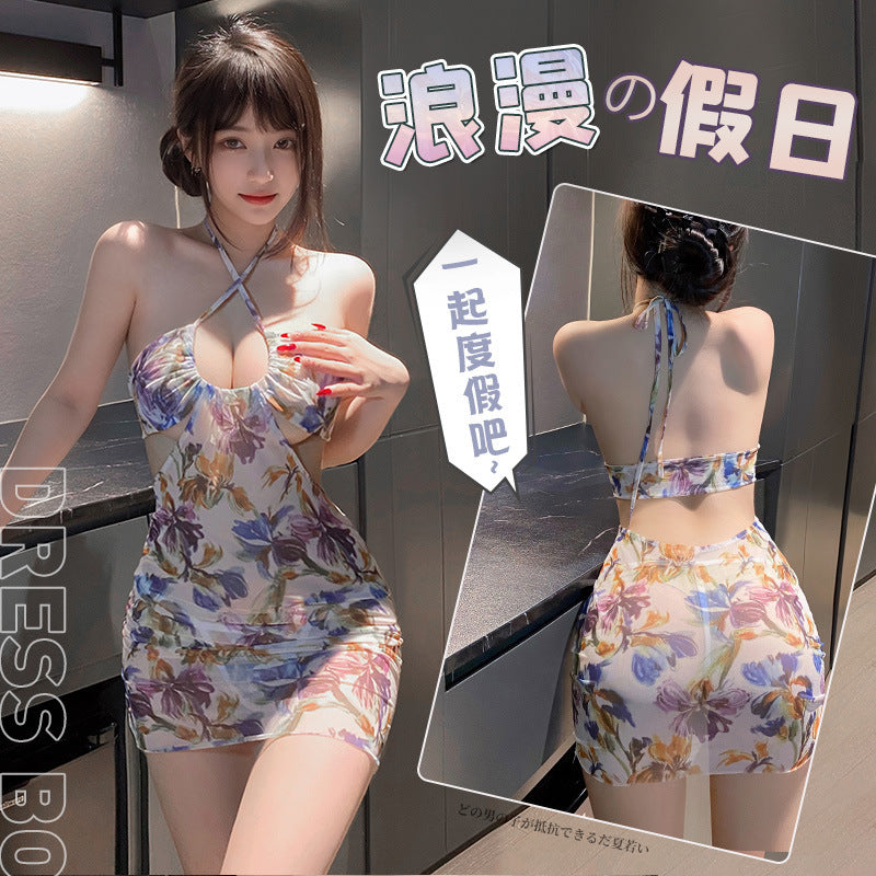 夏日氛围 泰式海边度假碎花深U露沟包臀裙