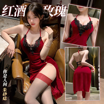 人间朱砂痣 深V丝绒高开叉露臀免脱睡裙旗袍