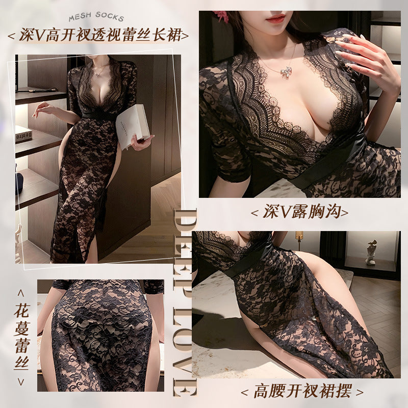老板不可以 性感深V透视复古蕾丝高腰开叉长裙睡裙套装
