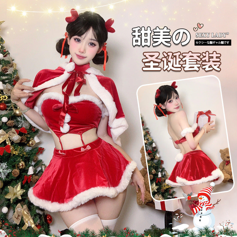 圣诞甜心 丝绒分体式一字肩圣诞麋鹿套装制服