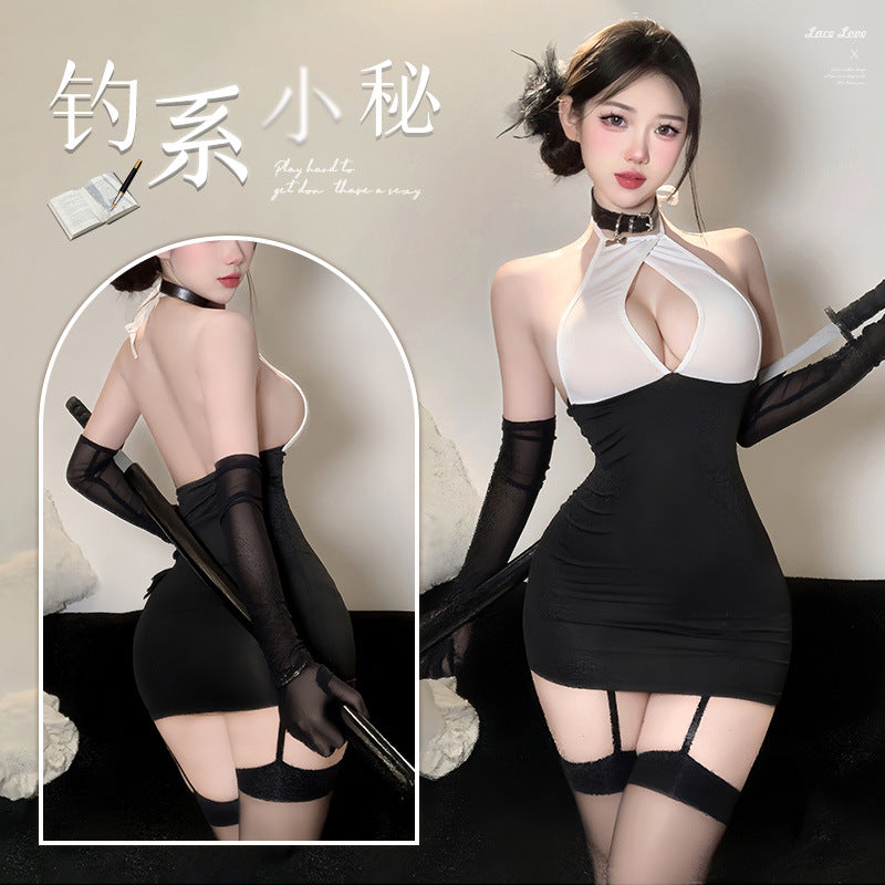 迷离之夜 挂脖绑带镂空露胸秘书紧身包臀裙套装