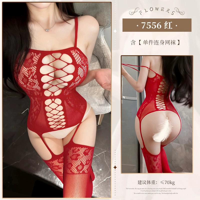 情欲绵绵 吊带提花显胸镂空连身袜