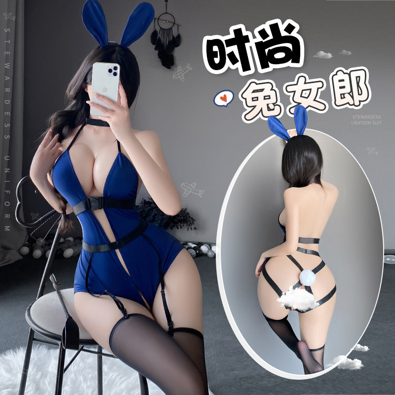 俏皮兔女郎 深V挂脖镂空紧身开档连体衣制服