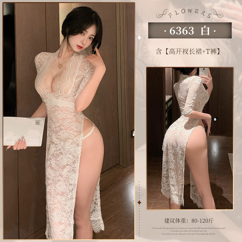 老板不可以 性感深V透视复古蕾丝高腰开叉长裙睡裙套装