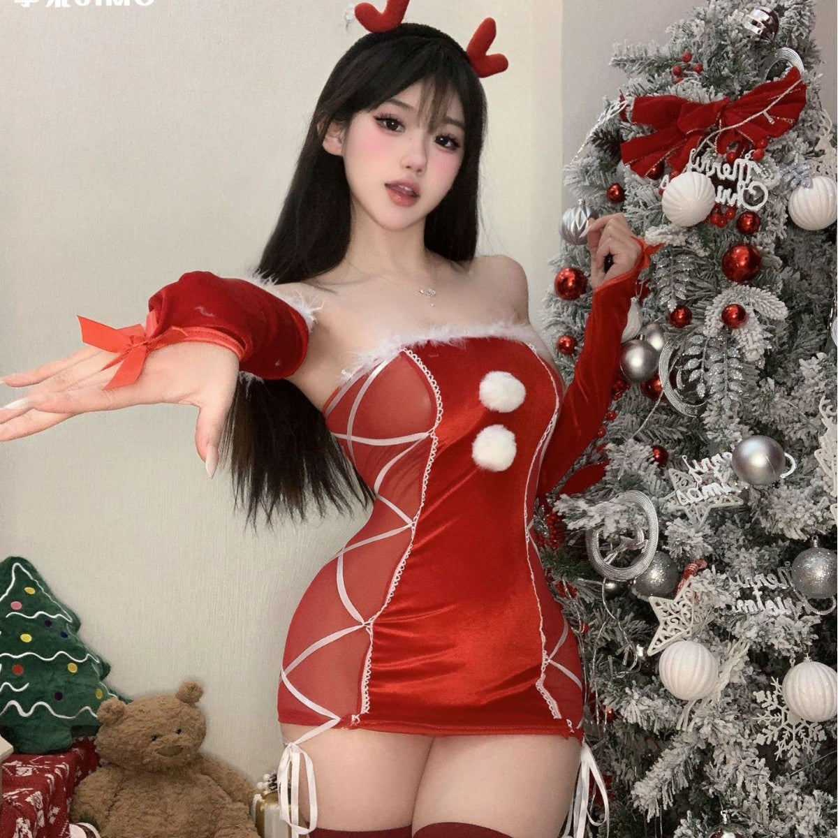 红酒甜心 抹胸毛绒兔女郎包臀短裙圣诞制服套装