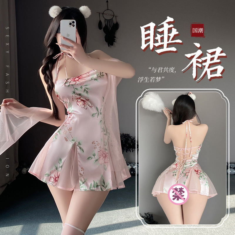 盈盈春水 抹胸挂脖系带柔纱拼接露背印花修身旗袍