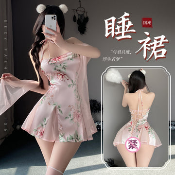 盈盈春水 抹胸挂脖系带柔纱拼接露背印花修身旗袍