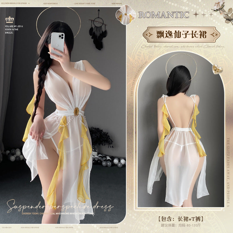 扶柳仙子 性感透视深V串珠分片美背摆飘逸仙子长裙COS制服