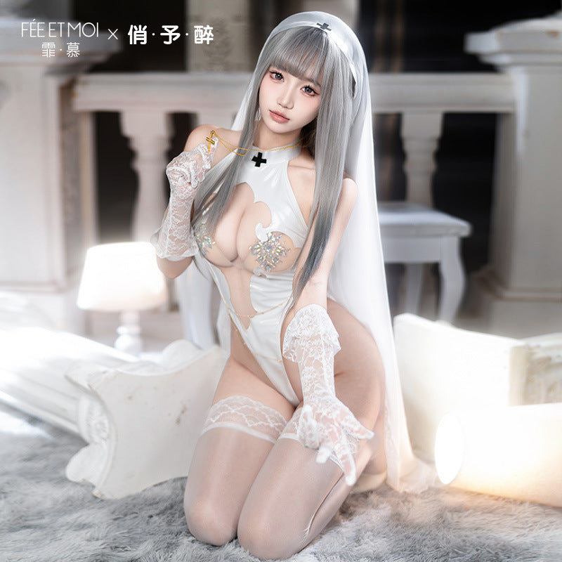 芙丽嘉之夜 纯洁圣洁修女露胸裸臀cos连体衣套装