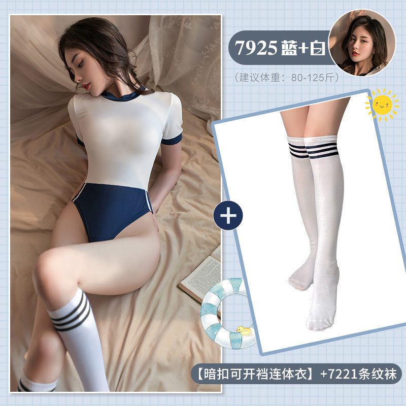 日式清纯少女拼接色性感开档连体衣