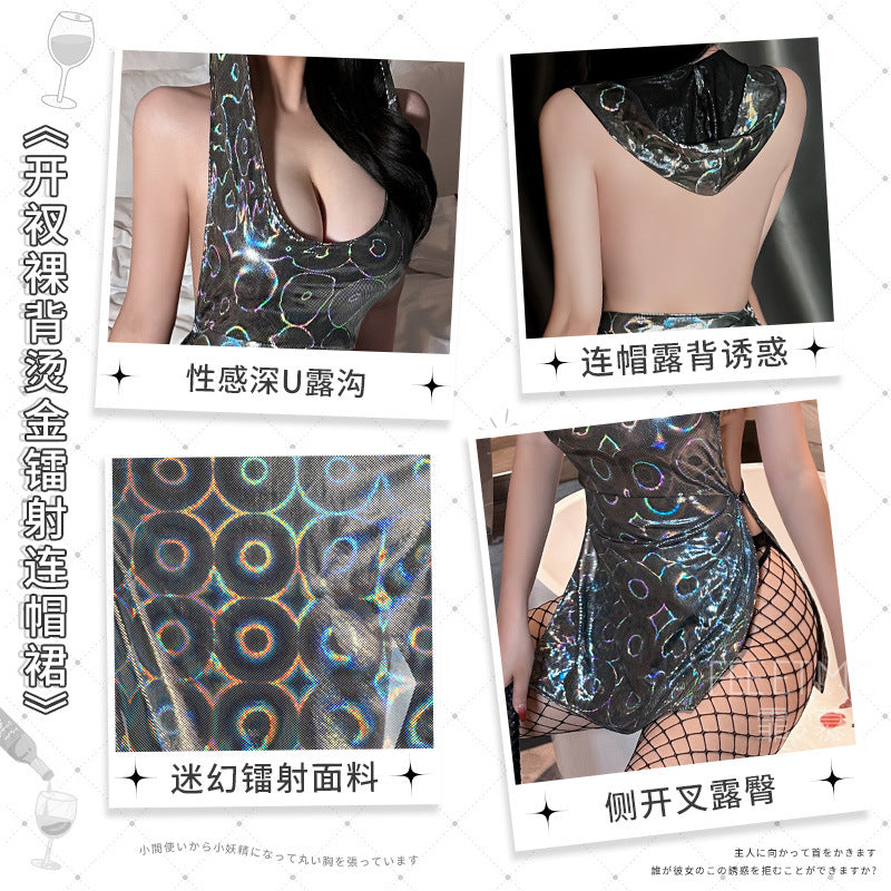 狂热女王 开衩裸背烫金镭射连帽裙