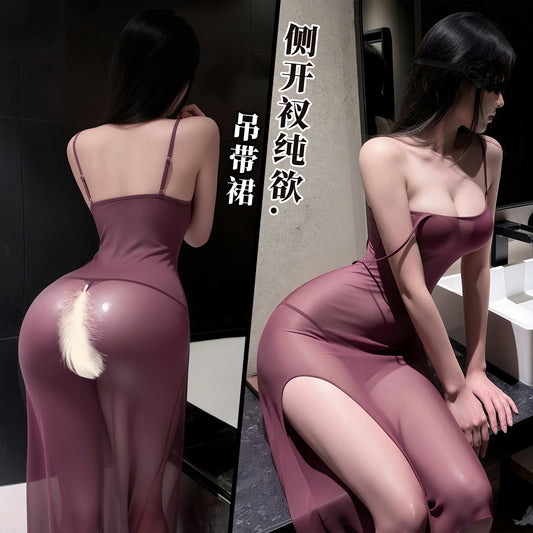 温柔娇妻 侧开衩深U低胸露背纯欲吊带裙.