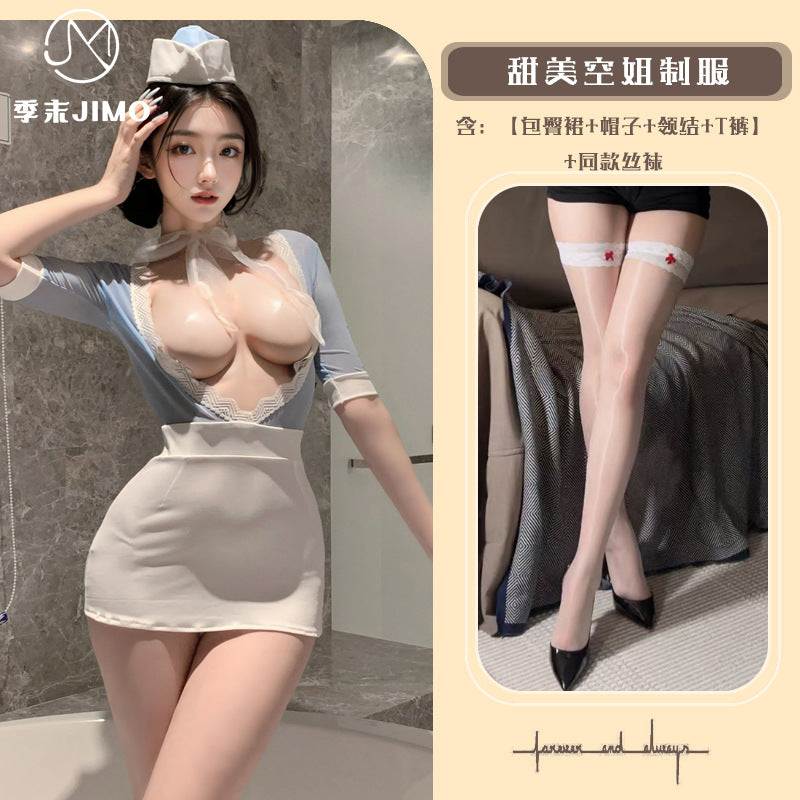 甜蜜航空 深V火辣透视包臀睡裙空姐少妇COS制服.